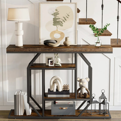 Black And Brown Entry Table With Industrial Design And Rustic Charm
