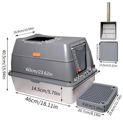 Extra-Large Stainless Steel Cat Litter Tray with Durable Lid and Scoop