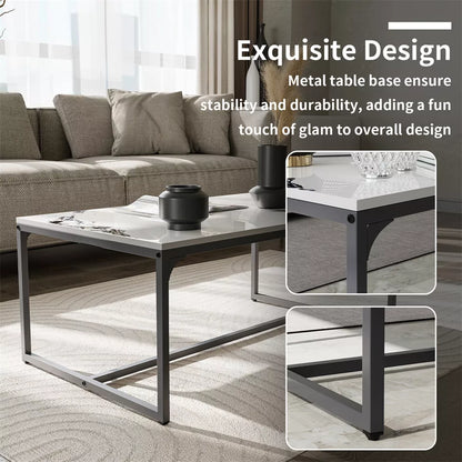 White & Black Rectangular Sintered Stone Coffee Table with Sleek Frame