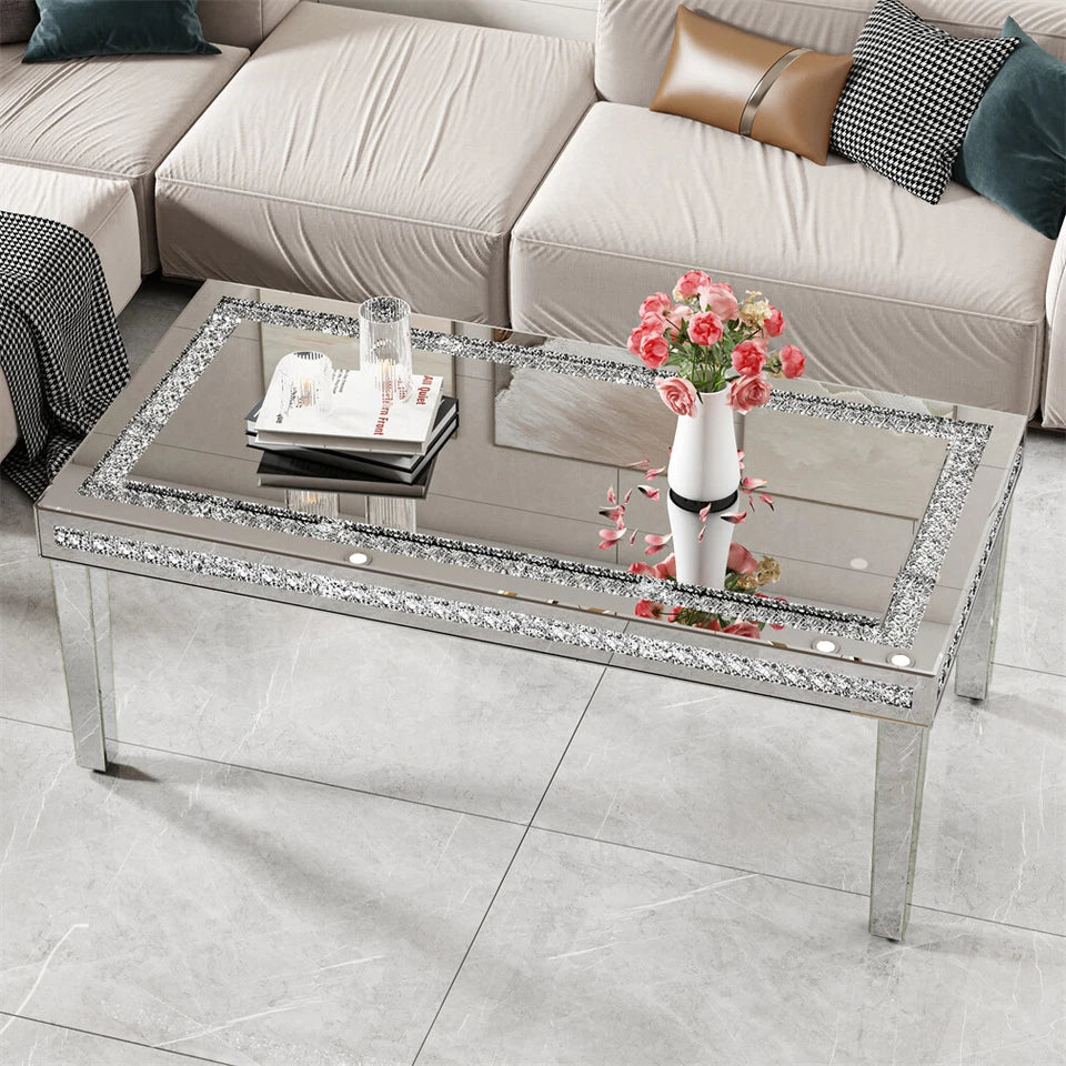 Silver Mirrored Coffee Table with Crushed Diamond Border