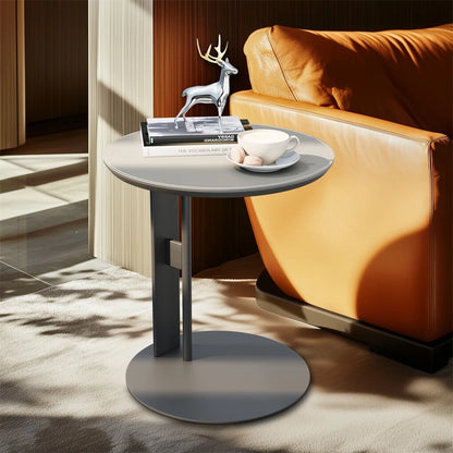 Light Grey Saddle Leather C-Shaped Side Table With Black Iron Frame