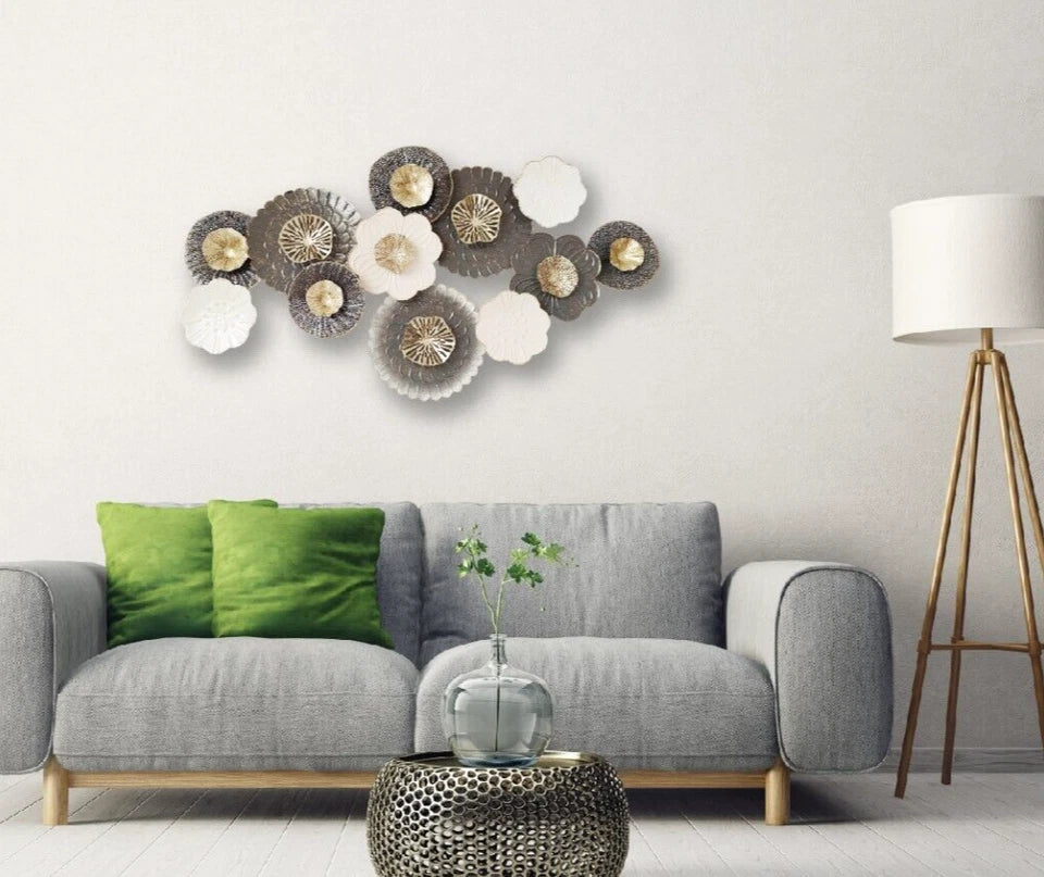Gold, Grey & White Textured Metal Wall Art - Modern Flower Petal Cluster
