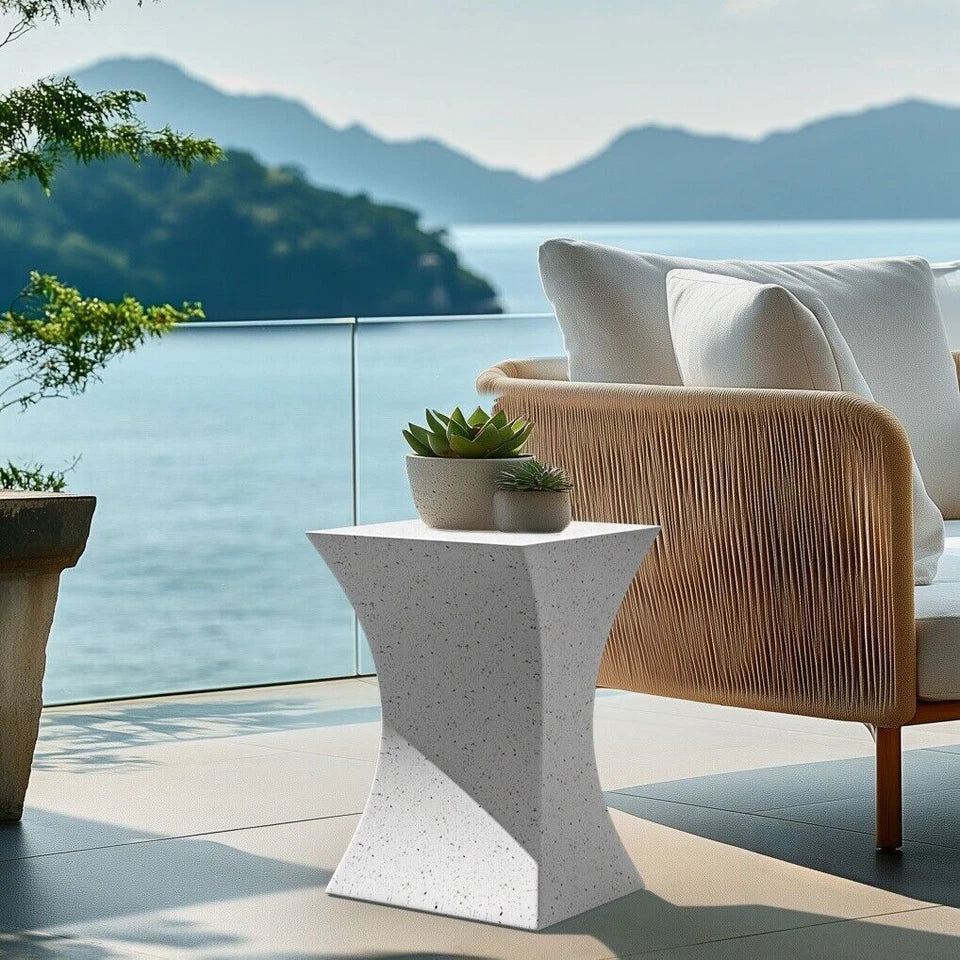 Off-White Concrete Side Table With Hourglass Shape For Modern Spaces