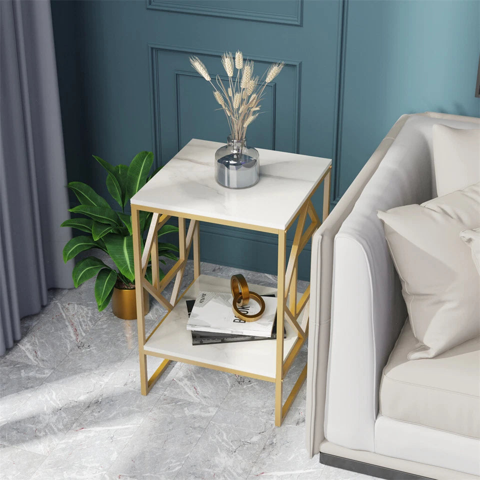 High Gloss Solid Marble Side Table Unique Design 2 Tier Nightstand Sofa End Table