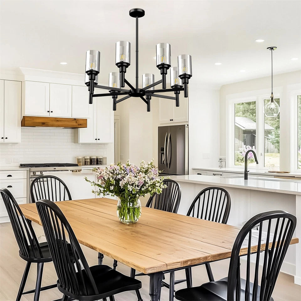 8-Light Industrial Black Chandelier with Glass Shades