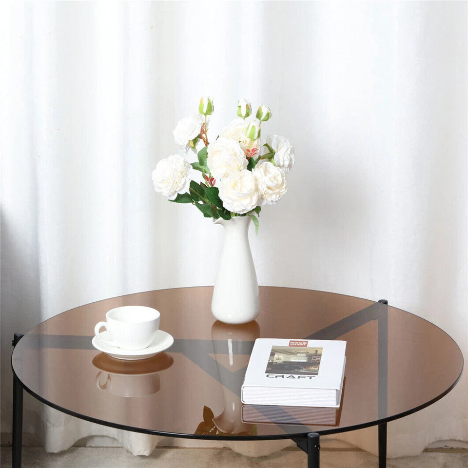 Brown Tinted Round Tempered Glass Coffee Table with Modern Metal Frame