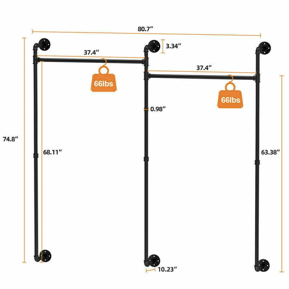 P&P Black Heavy-Duty Wall-Mounted Industrial Garment Rack with Dual Hanging