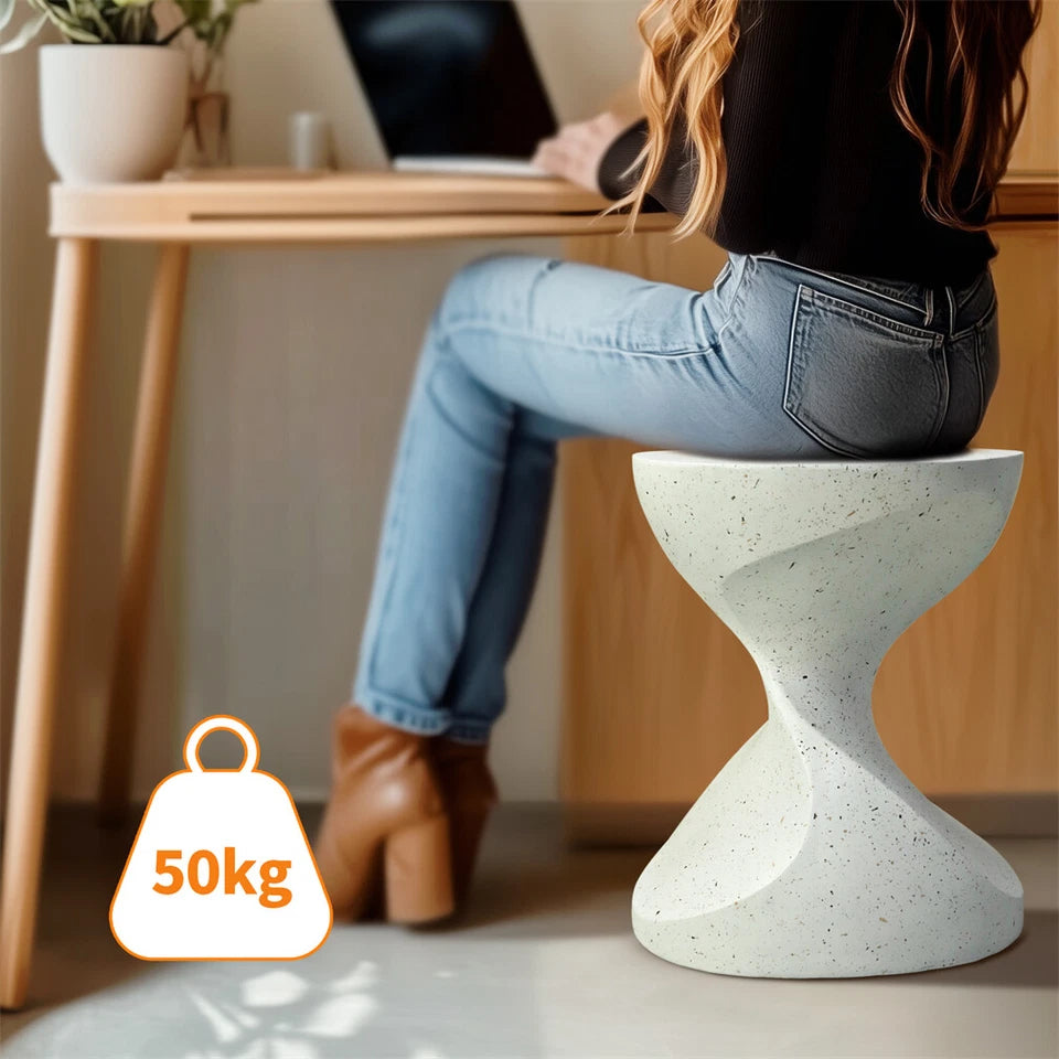 White Concrete Side Table With Hourglass Shape For Indoor Or Outdoor