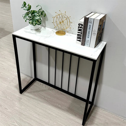 White Grey Sintered Stone Console Table With Sleek Modern Metal Legs