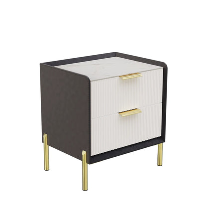 White & Grey Bedside Table With Sintered Stone Top And Storage Drawers