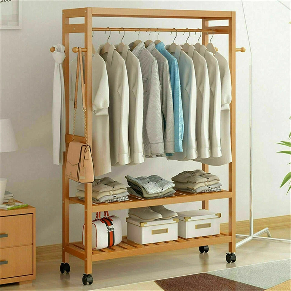 3 Tier Clothes Rack Heavy Duty Wood Garment Shelves Rolling Wheels Side Hooks AU