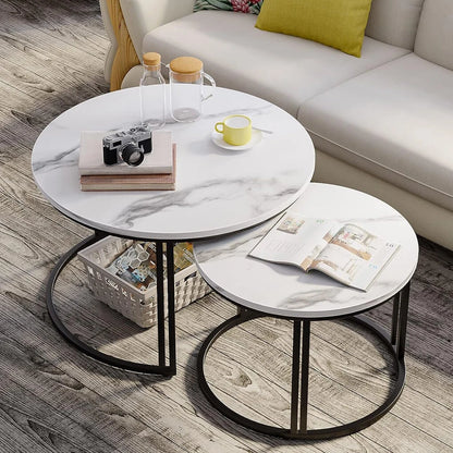 White and Gray Sintered Stone Round Nesting Coffee Tables with Metal Base