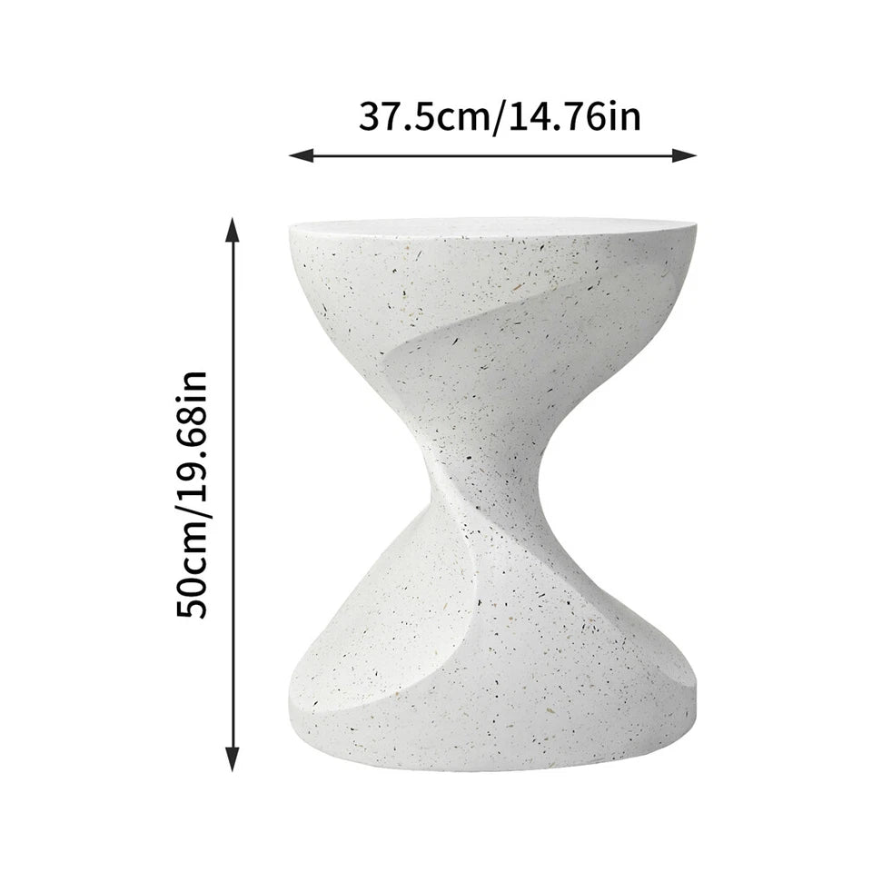 White Concrete Side Table With Hourglass Shape For Indoor Or Outdoor