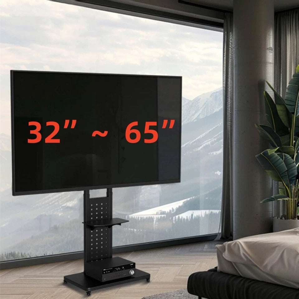 Black Rolling Floor TV Stand for 32–65 Inch Screens with Adjustable Shelf & Wheels