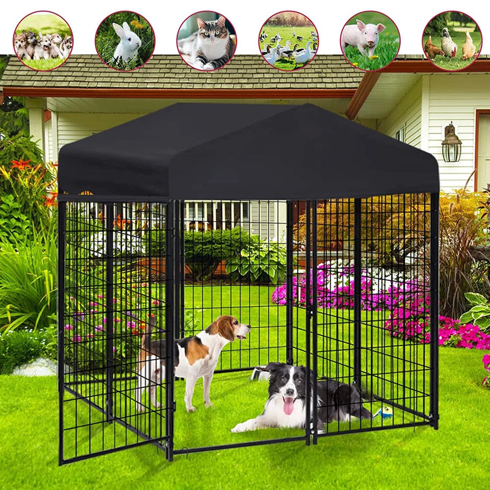 Black Powder Coat Steel Frame Dog Kennel Pet Playpen Enclosure Dog House W Roof
