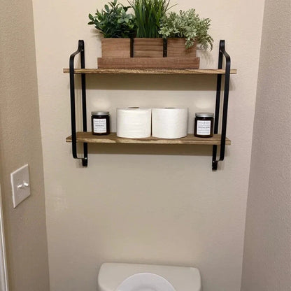 2-Tier Modern Rustic Floating Wall Shelves - Wooden Shelf for Storage Book Display