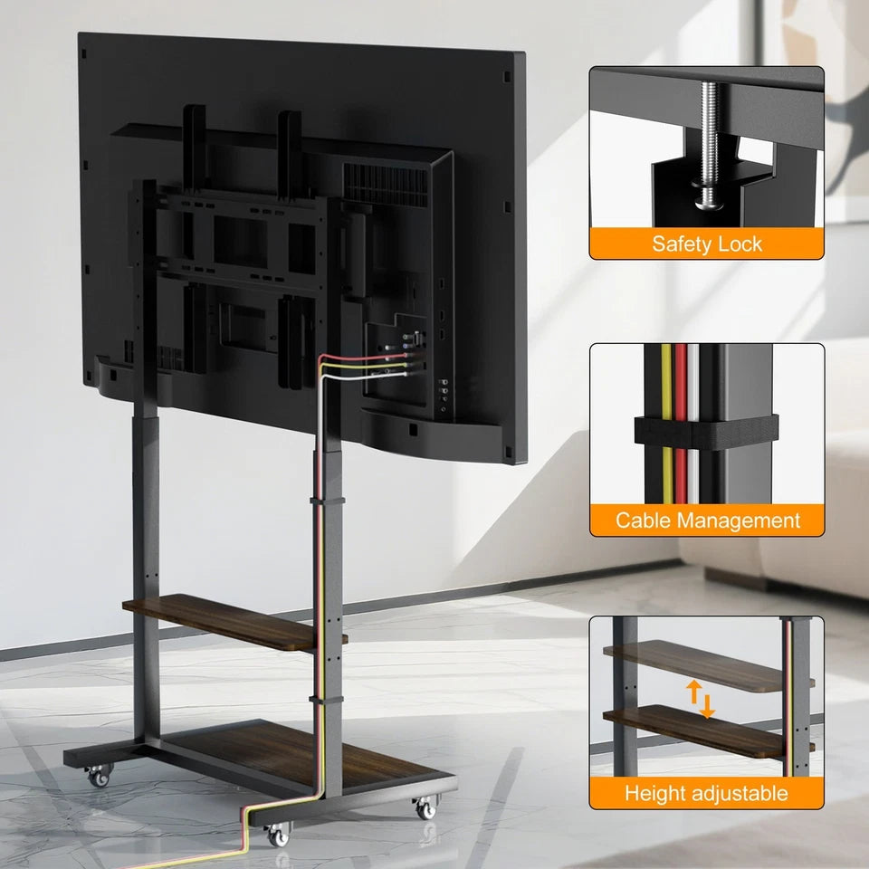 Black Industrial Heavy Duty TV Floor Stand with 2 Tier Shelves & Wheels for TVs Up to 100"