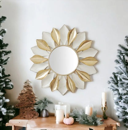 Gold Round Metal and Glass Wall Mirror with Elegant Pattern for Home Decor