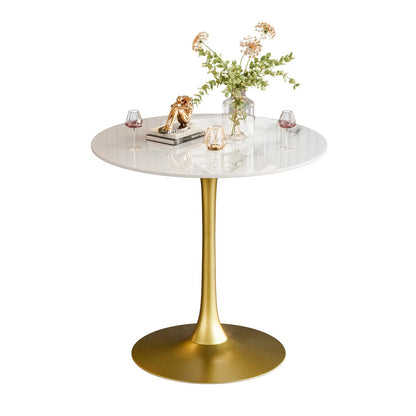 White Round Sintered Stone Bar Table With Gold Pedestal Base For Modern Interiors