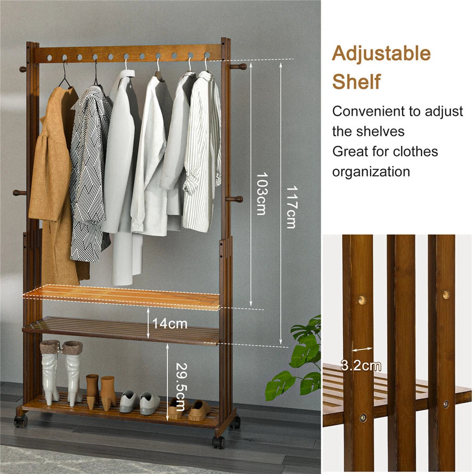 Heavy Duty Bamboo Garment Rack Retail Display Clothing Rack with Wheels and Side Hooks