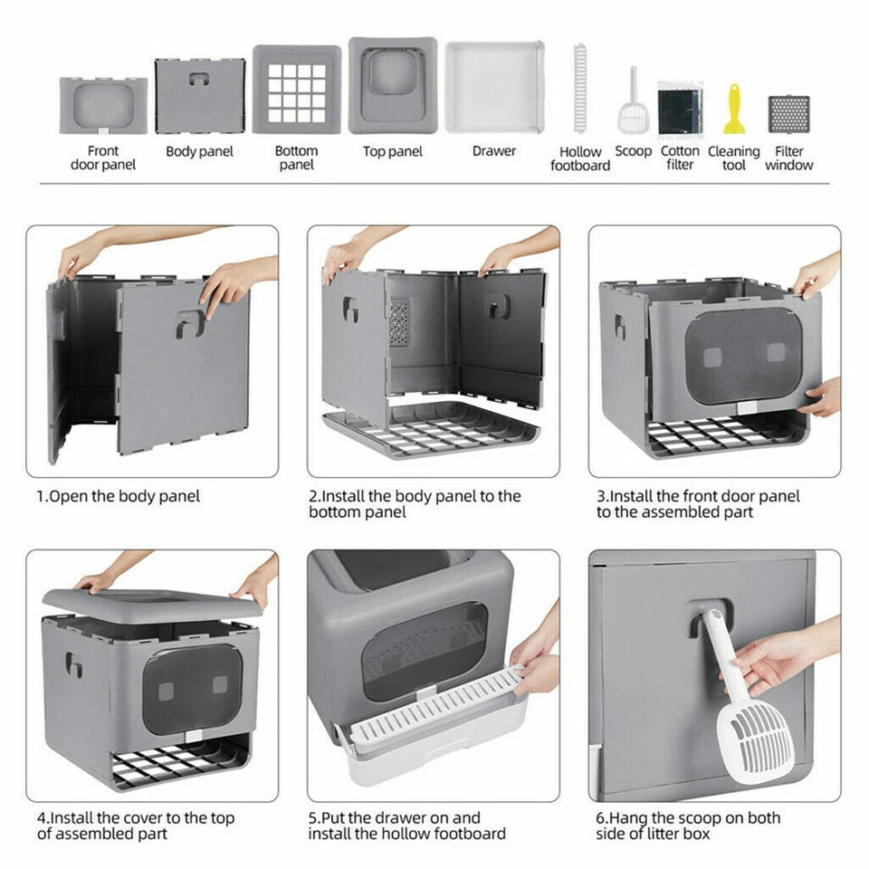 Foldable Fully Enclosed Hooded Cat Litter Box Self-Cleaning Kitty Toilet with Tray