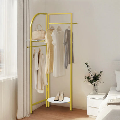 P&P Gold Freestanding Metal Corner Clothing Rack with Adjustable Folding Design