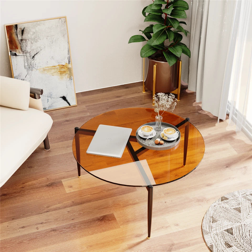 Brown Tinted Round Tempered Glass Coffee Table with Modern Metal Frame