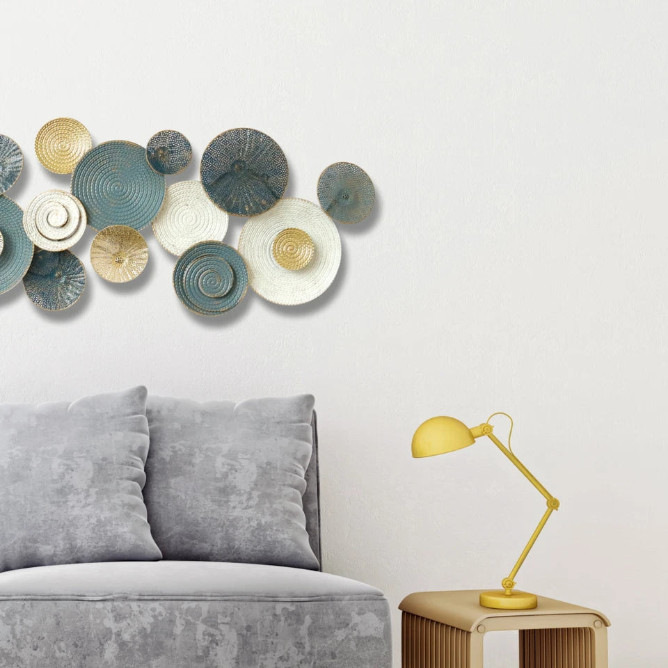 Blue, White and Gold Textured Circular Metal Wall Art for Elegant Home Styling