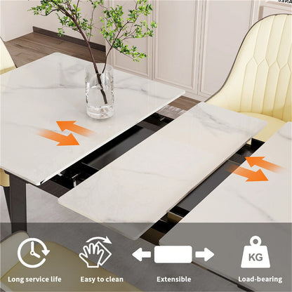 Glossy White Extendable Sintered Stone Dining Table With Sleek Metal Frame