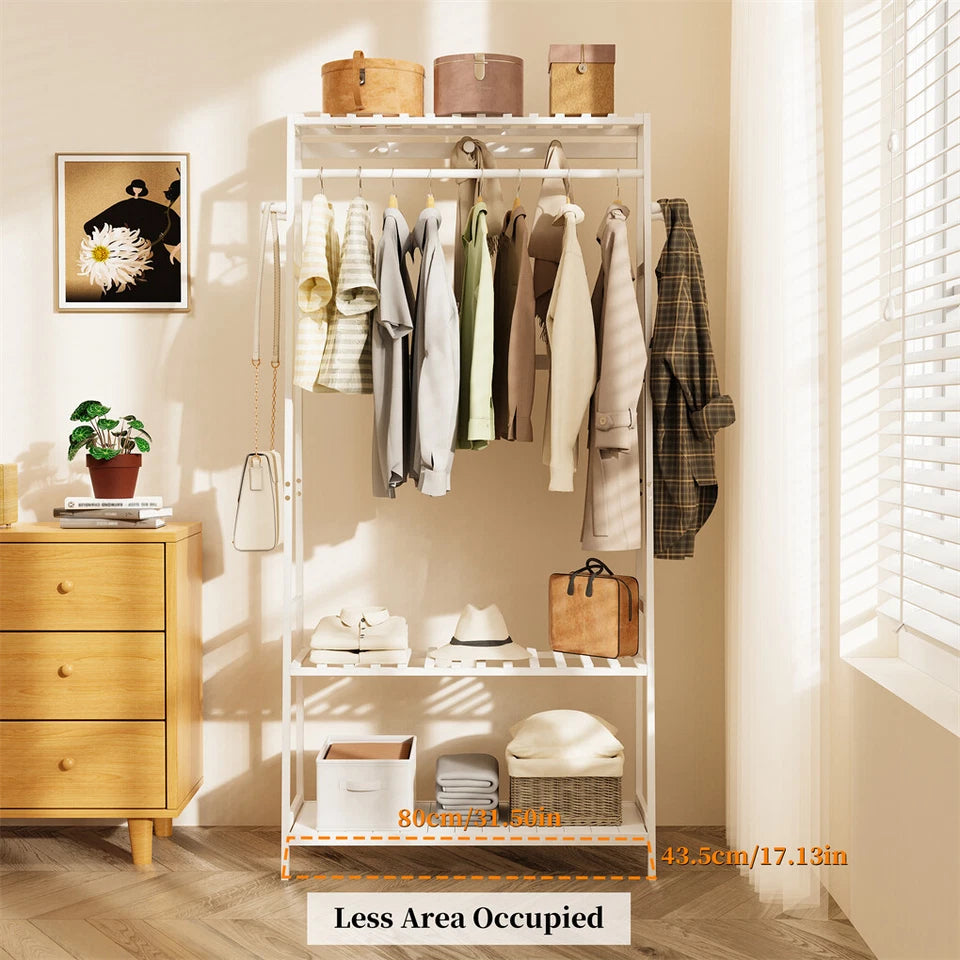 P&P White Bamboo Clothes Rack with 3 Shelves and 10 Hooks