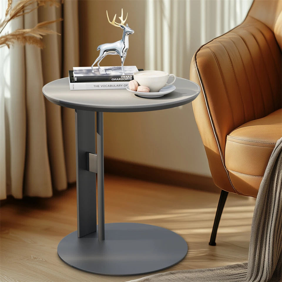 Light Grey Saddle Leather C-Shaped Side Table With Black Iron Frame