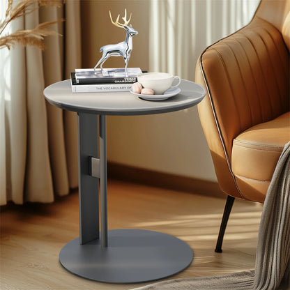 Light Grey Saddle Leather C-Shaped Side Table With Black Iron Frame