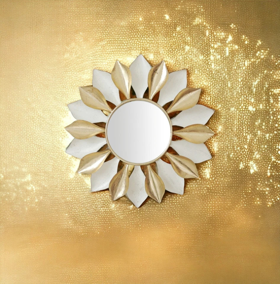 Gold Round Metal and Glass Wall Mirror with Elegant Pattern for Home Decor