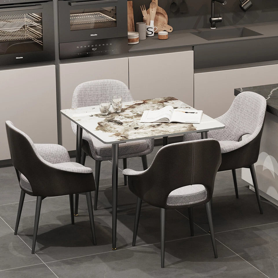 P&P Glossy White Sintered Stone Dining Table With Black Metal Base Frame