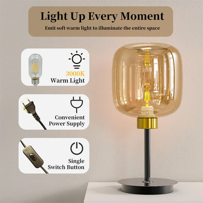 Industrial Bedside Table Lamp with Amber Glass