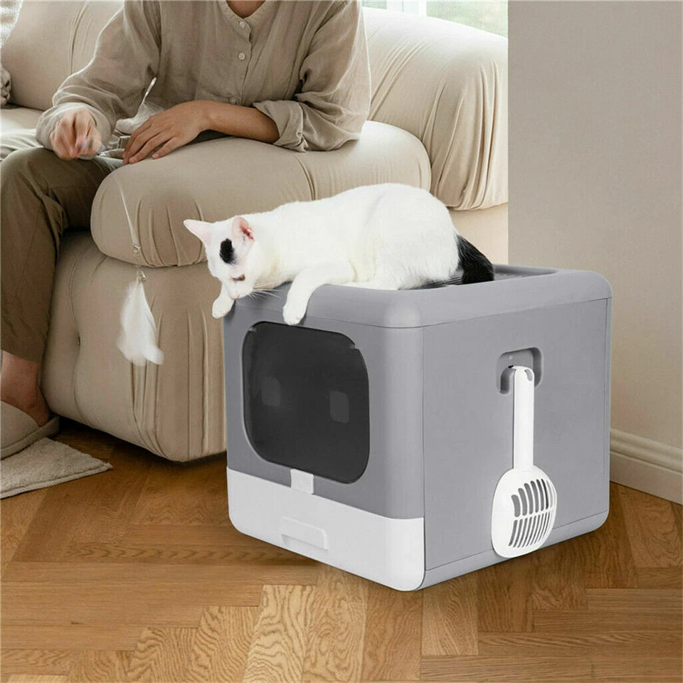 Foldable Fully Enclosed Hooded Cat Litter Box Self-Cleaning Kitty Toilet with Tray