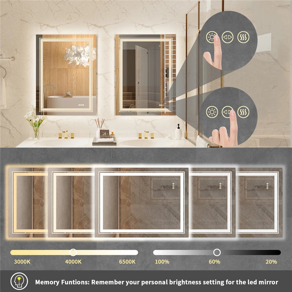 900-700mm Dimmable LED Bathroom Mirror Anti Fog Wall Mounted Vanity Makeup Mirror