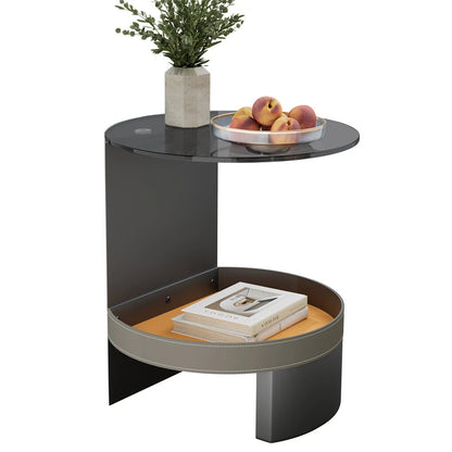 2-Tier Leather Side Table with Glass Top