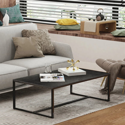 Black Sintered Stone Coffee Table with Sleek Minimalist Metal Base Design