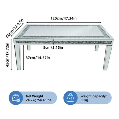 Silver Mirrored Coffee Table with Crushed Diamond Border