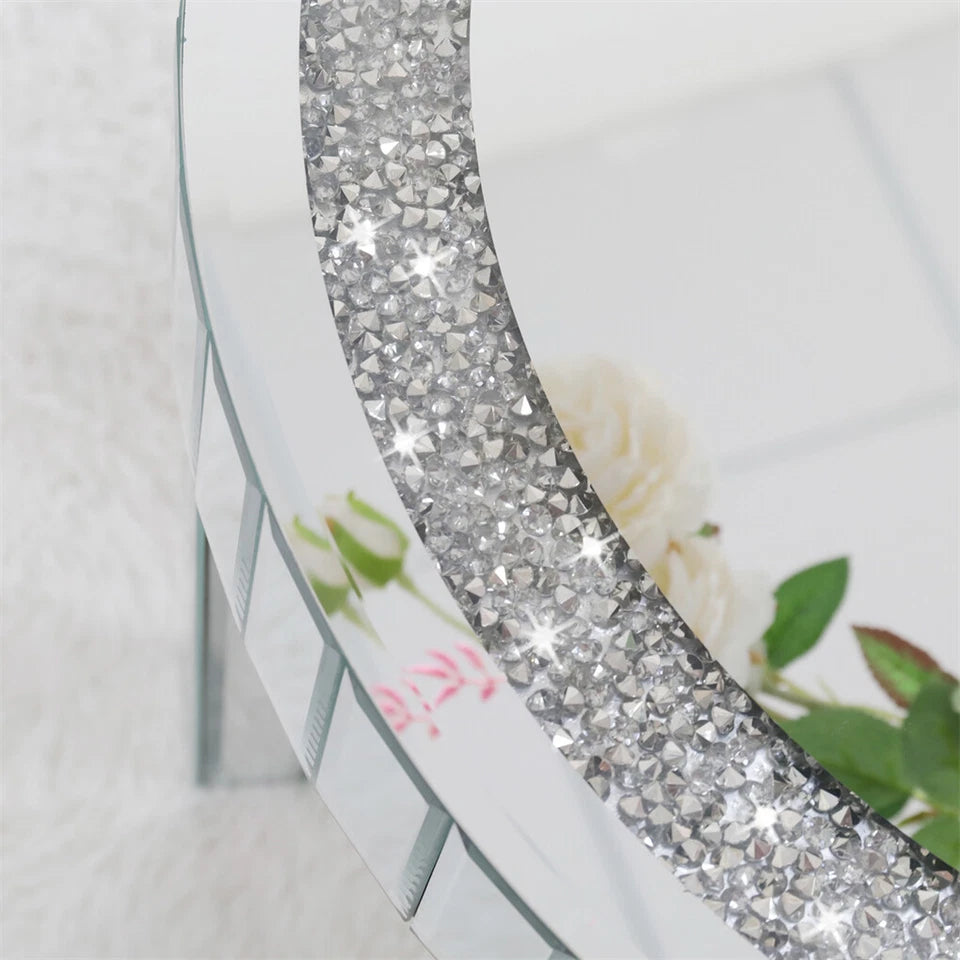 Silver Mirrored Round Coffee Table with Sparkling Crushed Diamond Detail