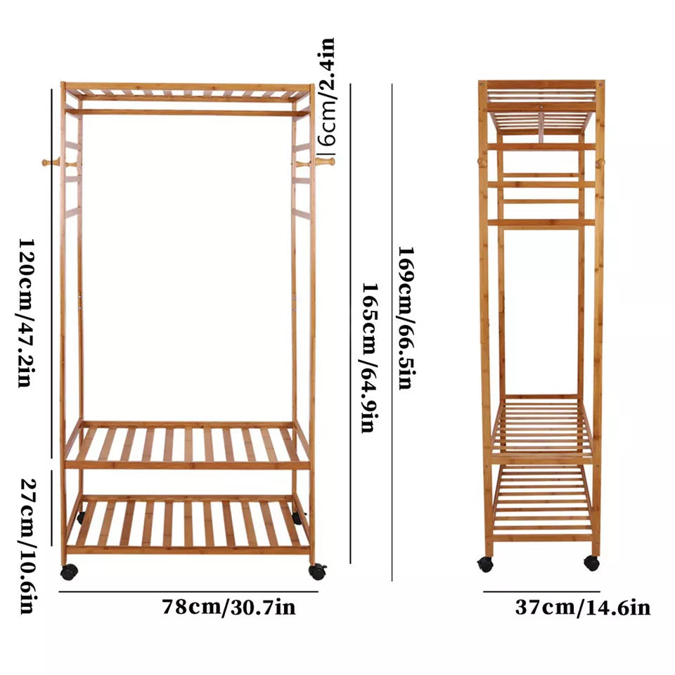 3 Tier Clothes Rack Heavy Duty Wood Garment Shelves Rolling Wheels Side Hooks AU