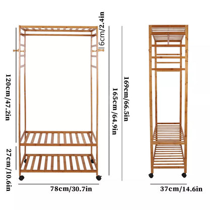 3 Tier Clothes Rack Heavy Duty Wood Garment Shelves Rolling Wheels Side Hooks AU