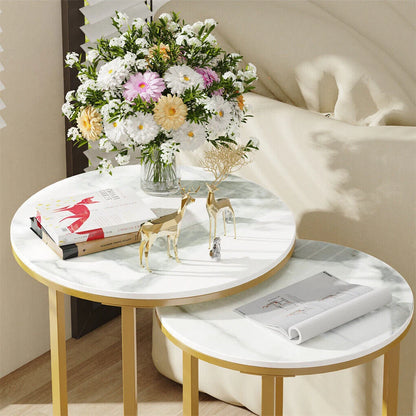 White Set of 2 Sintered Stone Nesting Side Tables With Gold Metal Legs