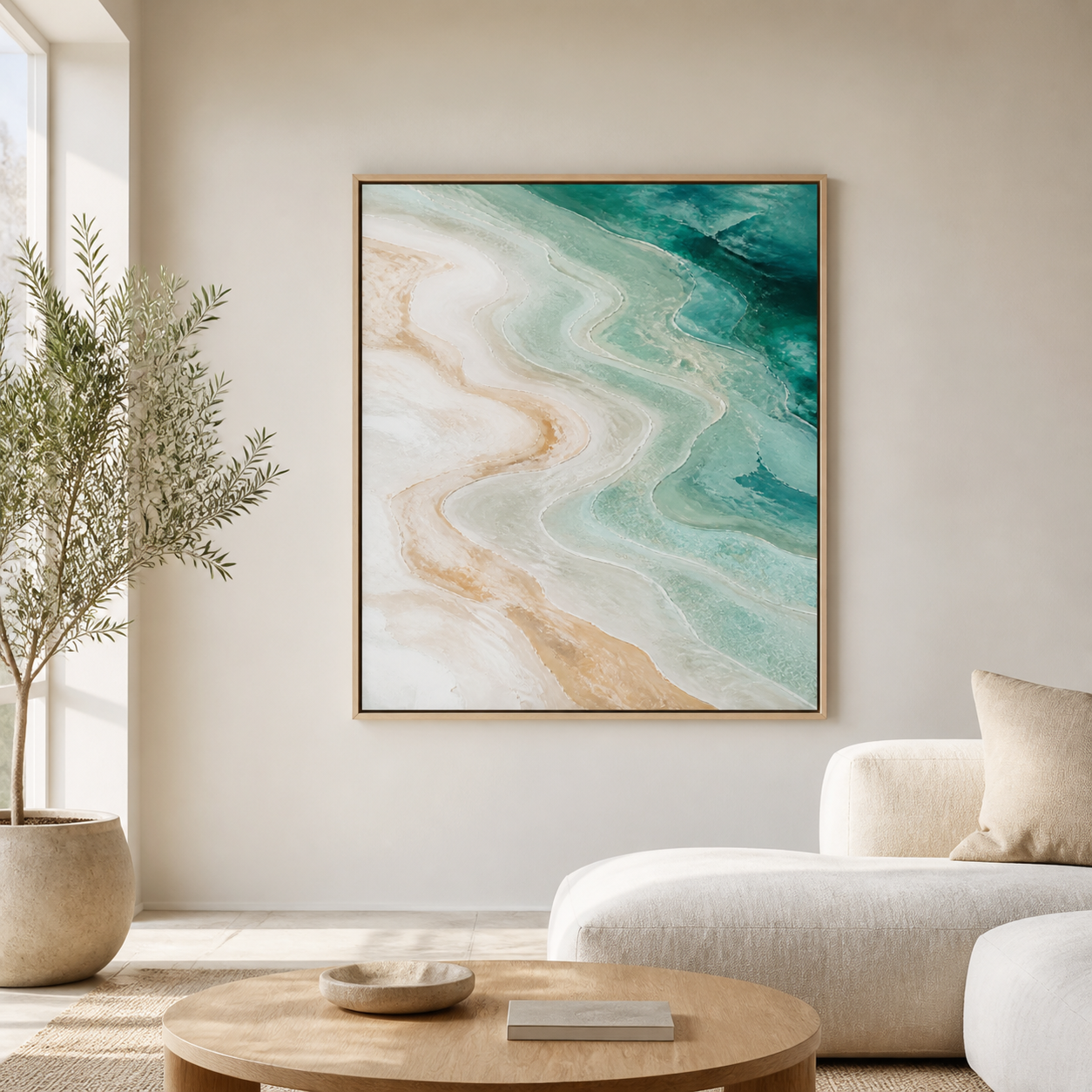 Saltwater Terraces birch floating frame canvas in a coastal interior
