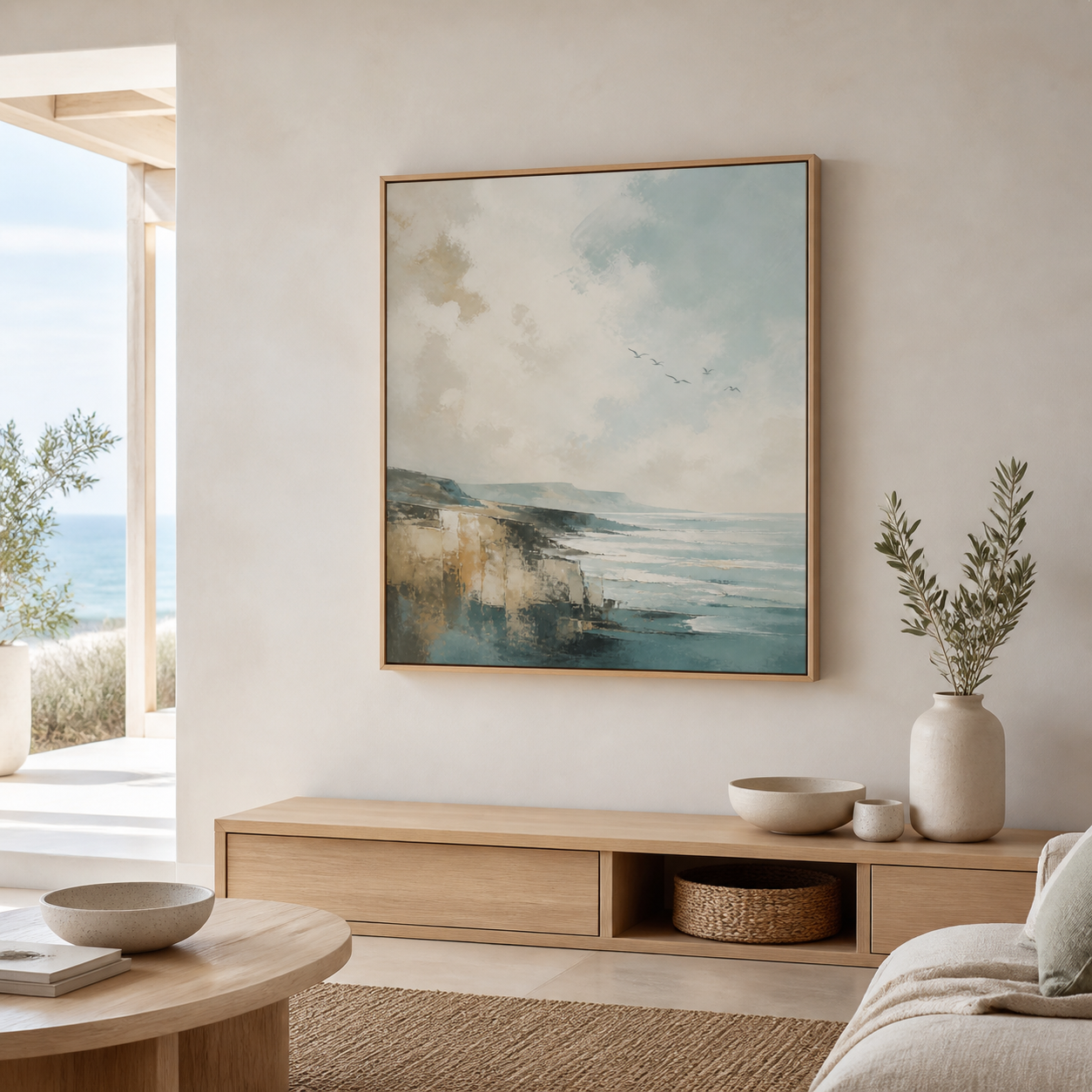 Seabird Passage birch floating frame canvas in a coastal interior