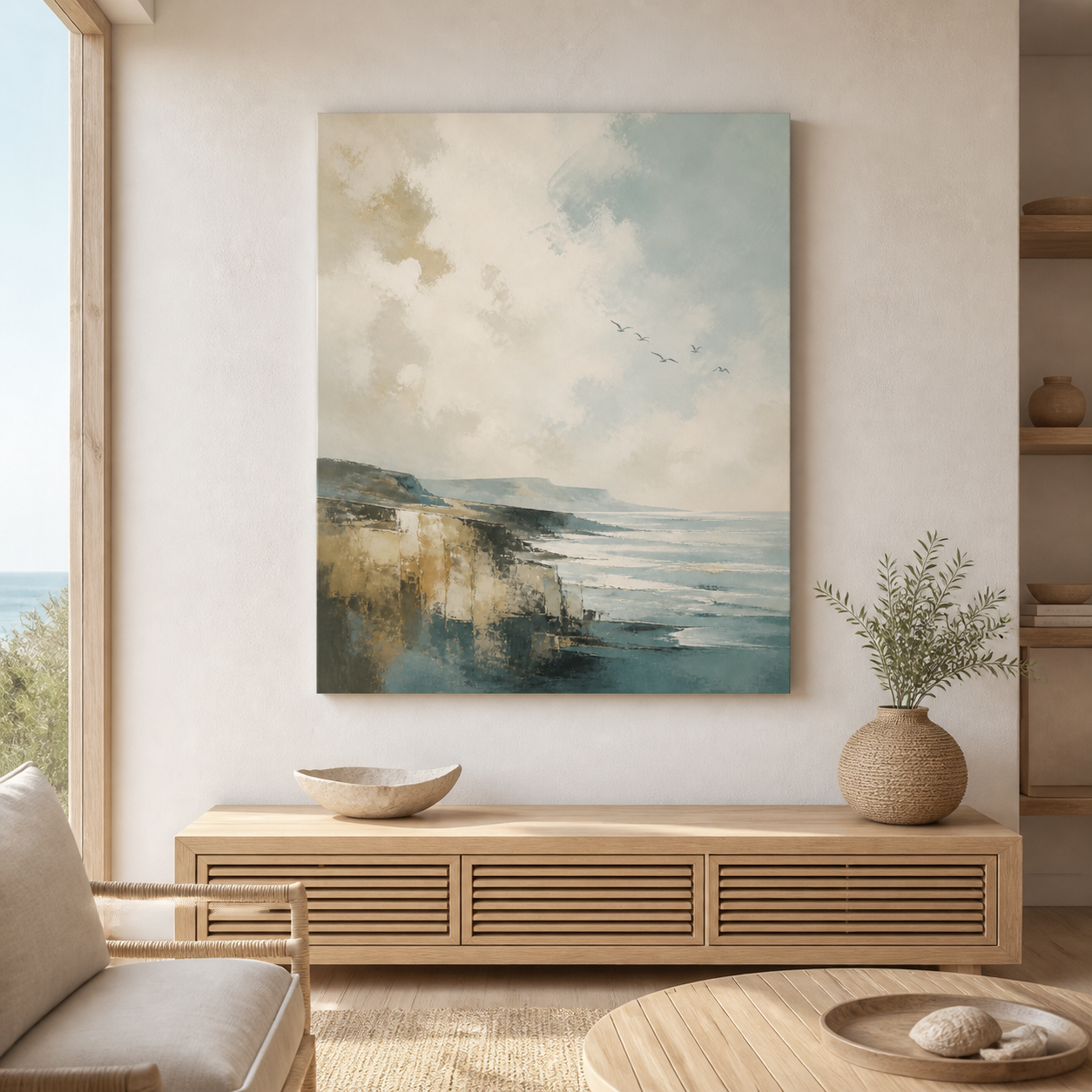 Seabird Passage stretched canvas in a coastal interior