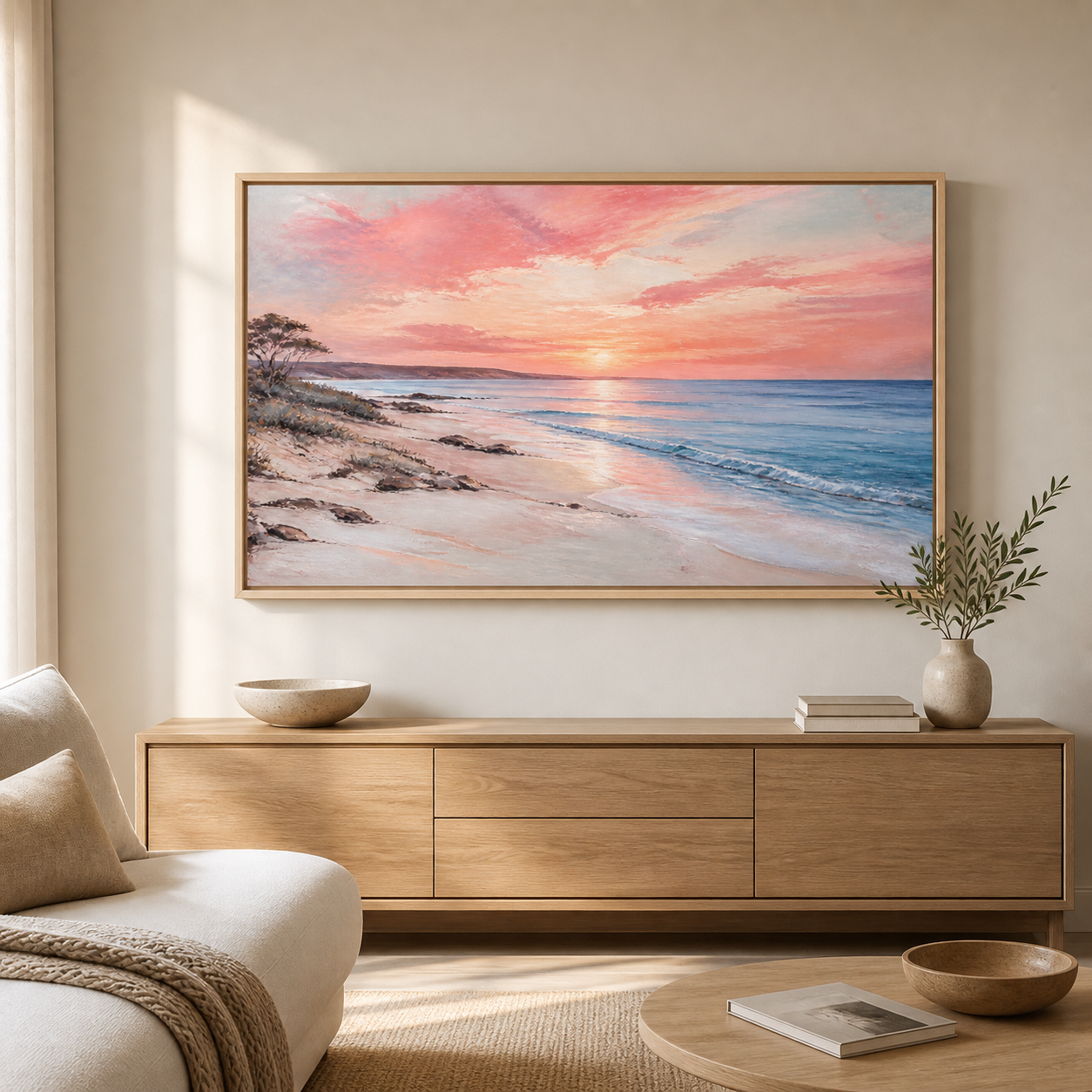 Seaside Blush birch floating frame landscape lifestyle view