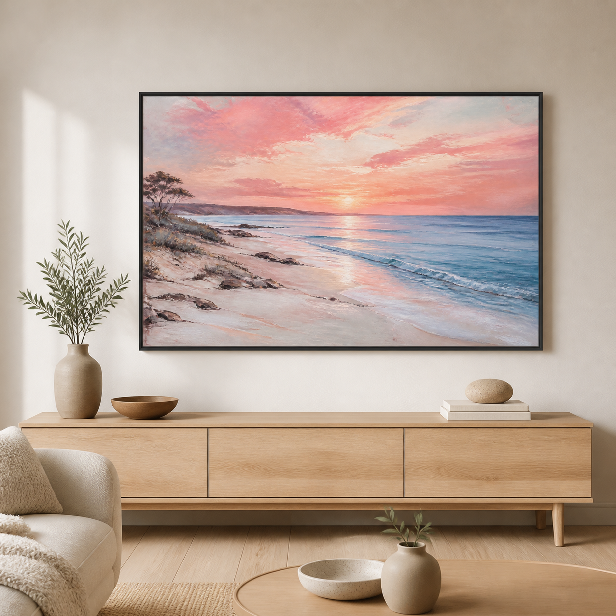 Seaside Blush black floating frame landscape lifestyle view