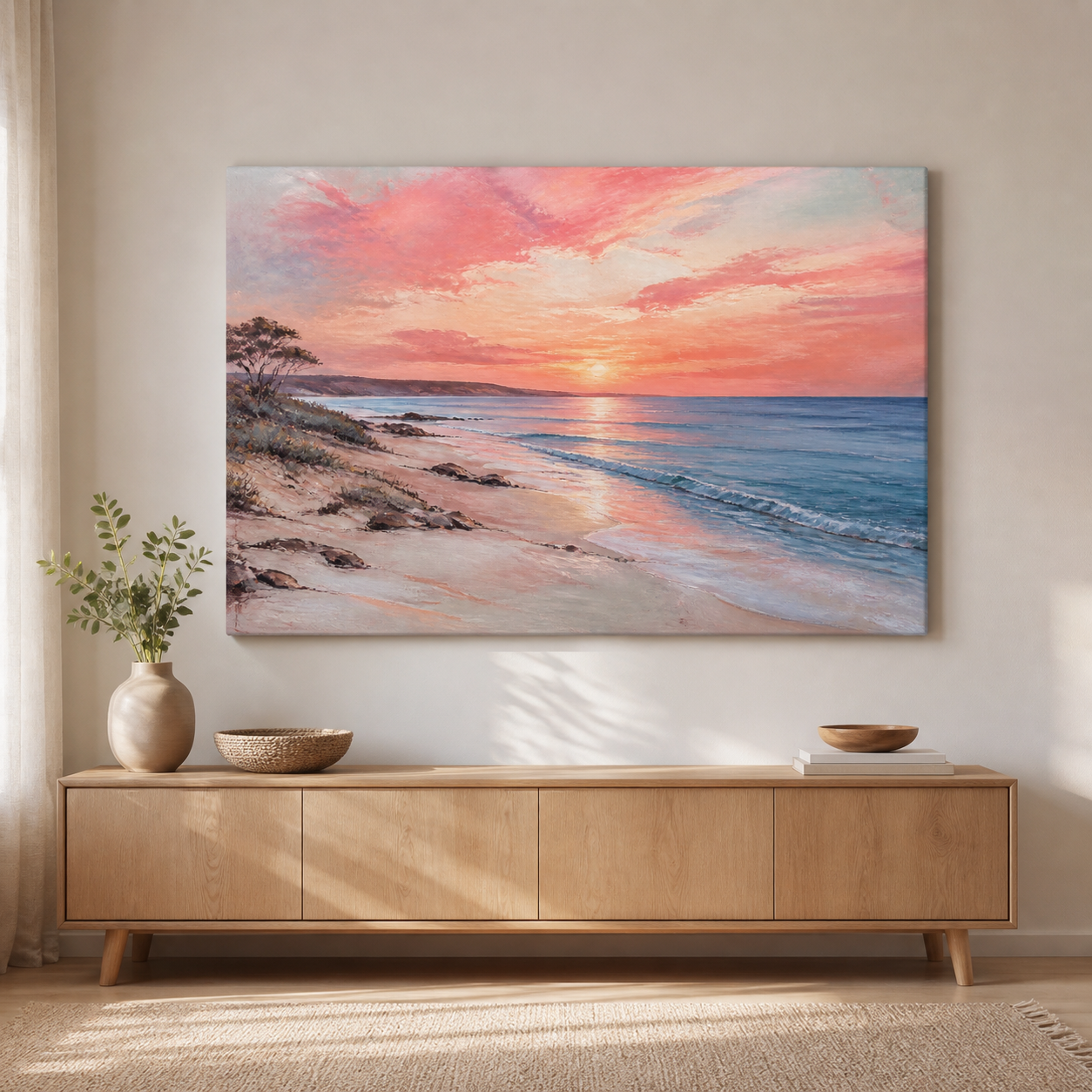 Seaside Blush landscape stretched canvas lifestyle view